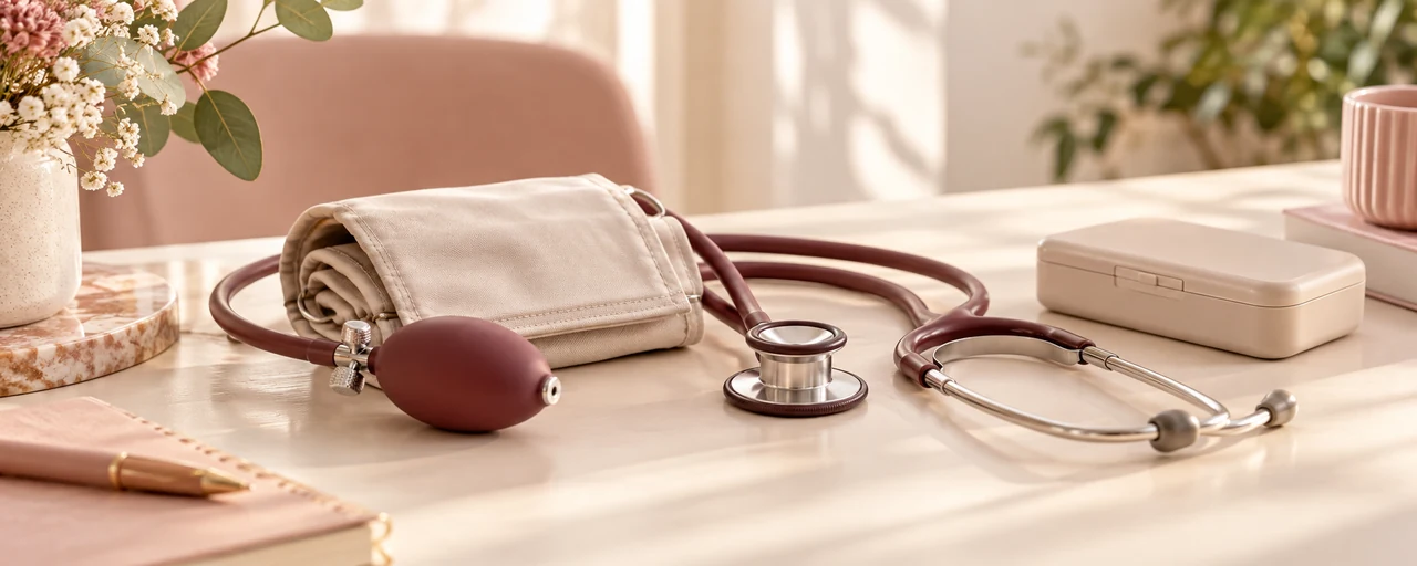 Instrumentos para medir la presión, estetoscopio y organizador de medicamentos